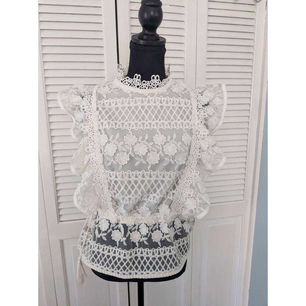 Chicwish White Lace Blouse Women's M Fairycore Top Ruffle Romantic Embroidered
